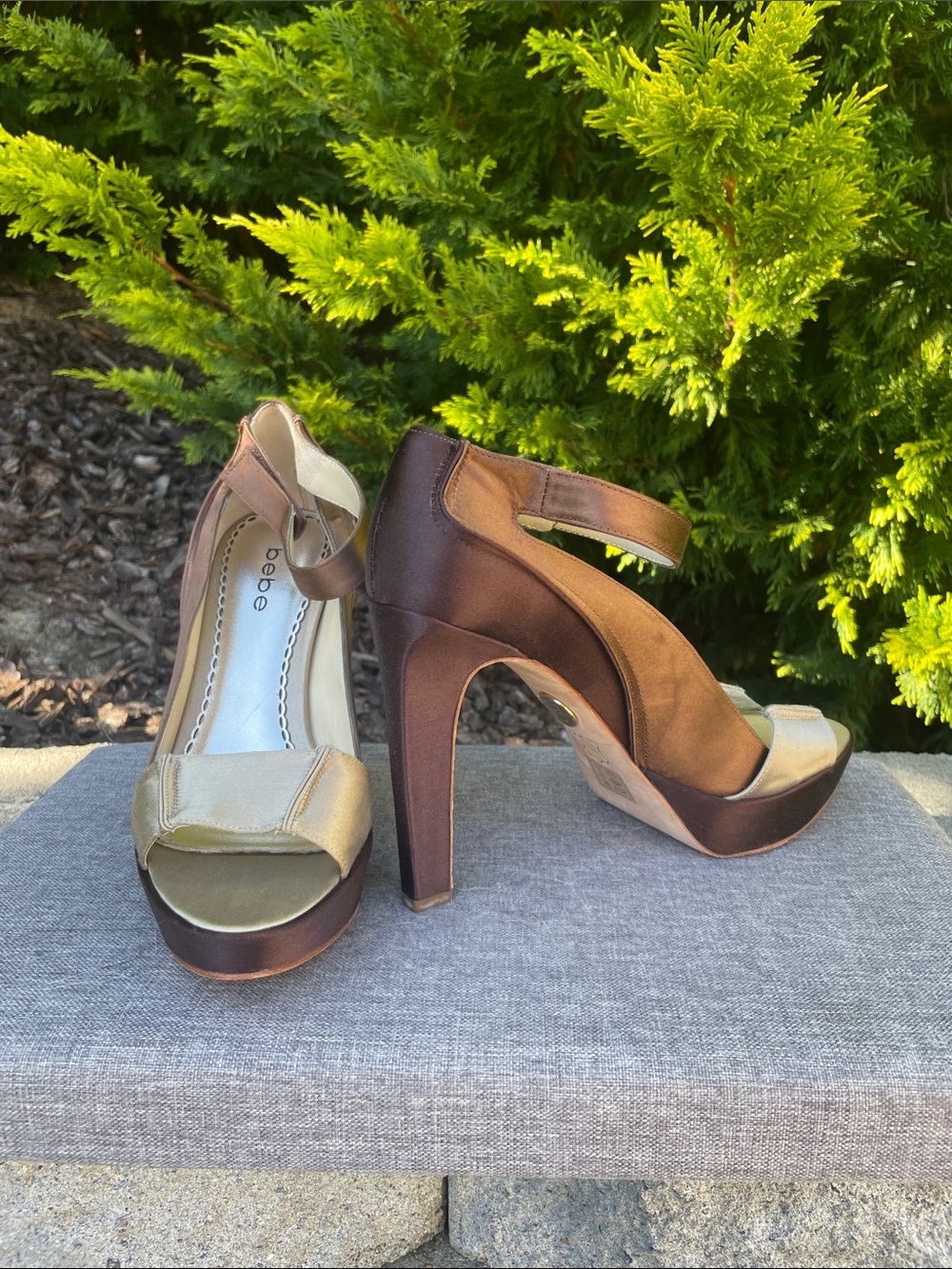 bebe Bronze Metallic Platform Ankle-Strap Heels